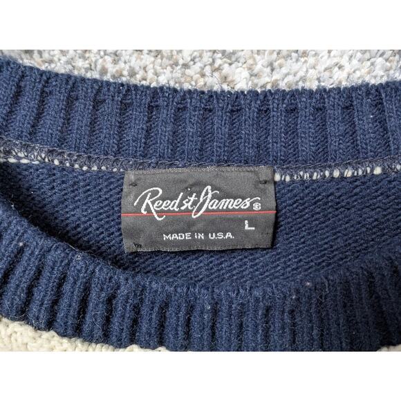 Vintage 80s 90s Reed St James Sweater L Blue Cream Stripe Preppy Heritage Knit - Picture 7 of 10